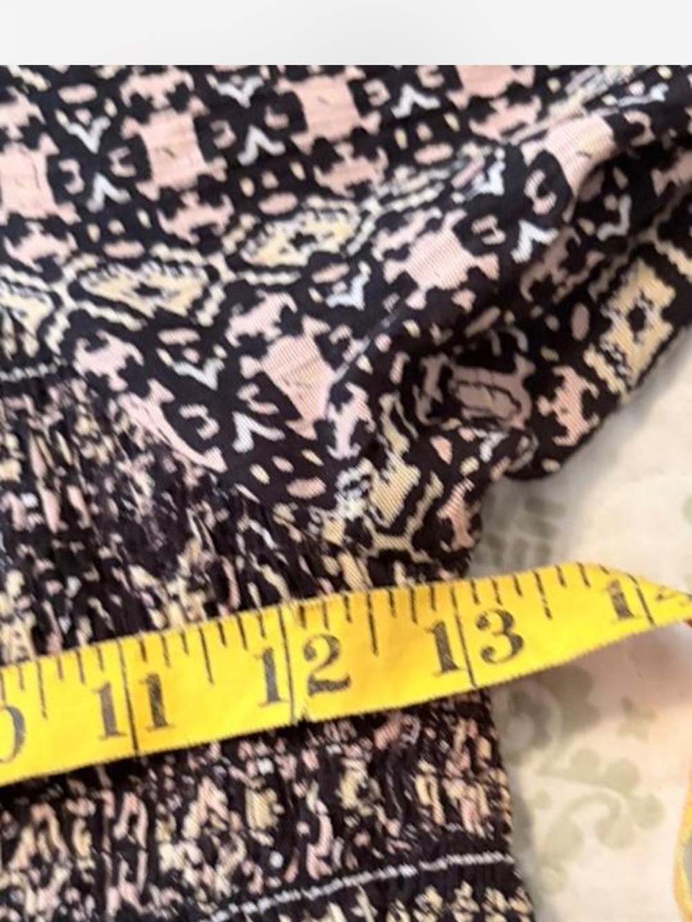 Smocked Square-Neck Peasant Top in Brown & cream paisley & floral print. - Picture 6 of 8